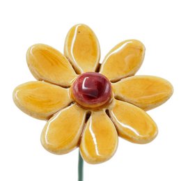 A small, yellow artificial flower with a red center. The flower has a simple, daisy-like shape and appears to be made of a durable material, likely plastic or resin.