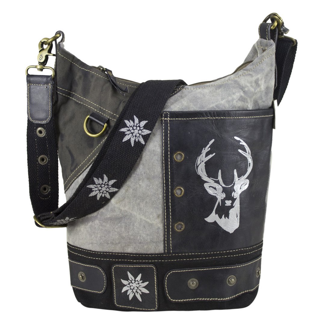 Domelo traditional bag. Women's shoulder bag. Dirndl shoulder bag made of canvas and leather. Handbag in traditional style with deer edelweiss print. Crossbody bag for women as Oktoberfest accessories.