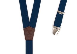 Navy blue suspenders with leather accents, suitable for formal or casual wear.
