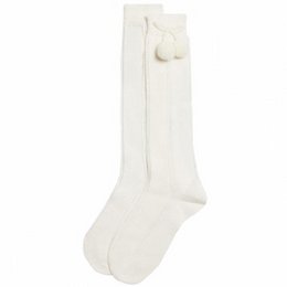 Pair of off-white and white knee-high socks with pom-pom details, suitable for children.
The product is a 2-pack of knee-high socks for children, featuring a jacquard knit pattern and pom-pom details. The socks come in off-white and white color variants, with size options ranging from 15/17 to 31/34. The socks have a soft, comfortable material suitable for children's wear.