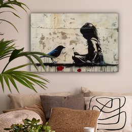 Canvas schilderij - Wanddecoratie Meisje - Street art - Vogel - Abstract - Graffiti - Modern - Muurdecoratie woonkamer - Kamer decoratie modern - Abstracte schilderijen