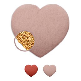A red heart-shaped pillow with organic wheat filling. Available in two sizes (22x22 cm and 14x14 cm) and two patterns (solid red and red with white polka dots).