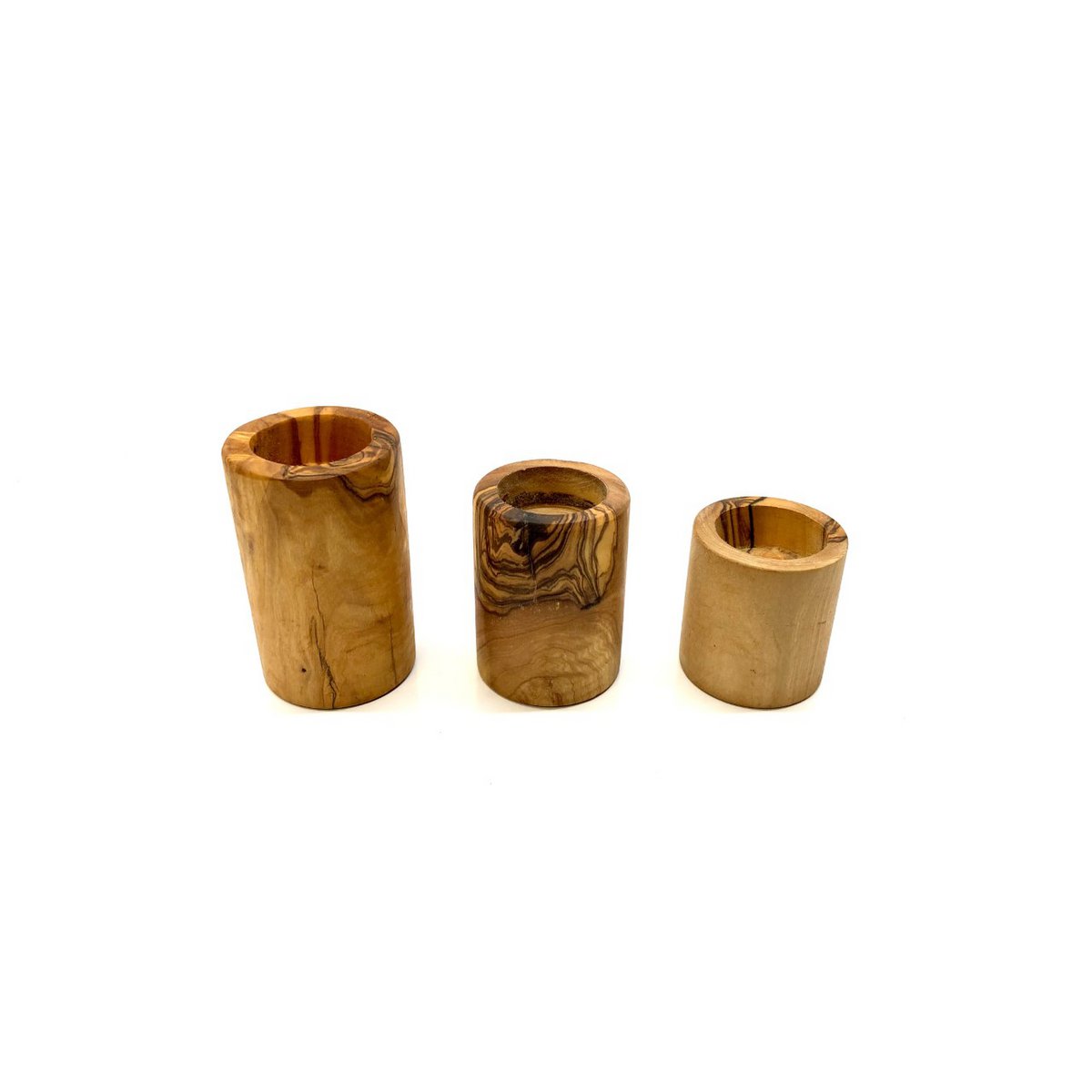 Juego de 3 portavelas de madera de olivo