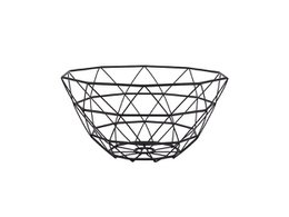  A black metal wire fruit basket with a diamond-shaped pattern.