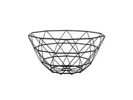 A black metal wire fruit basket with a diamond-shaped pattern.