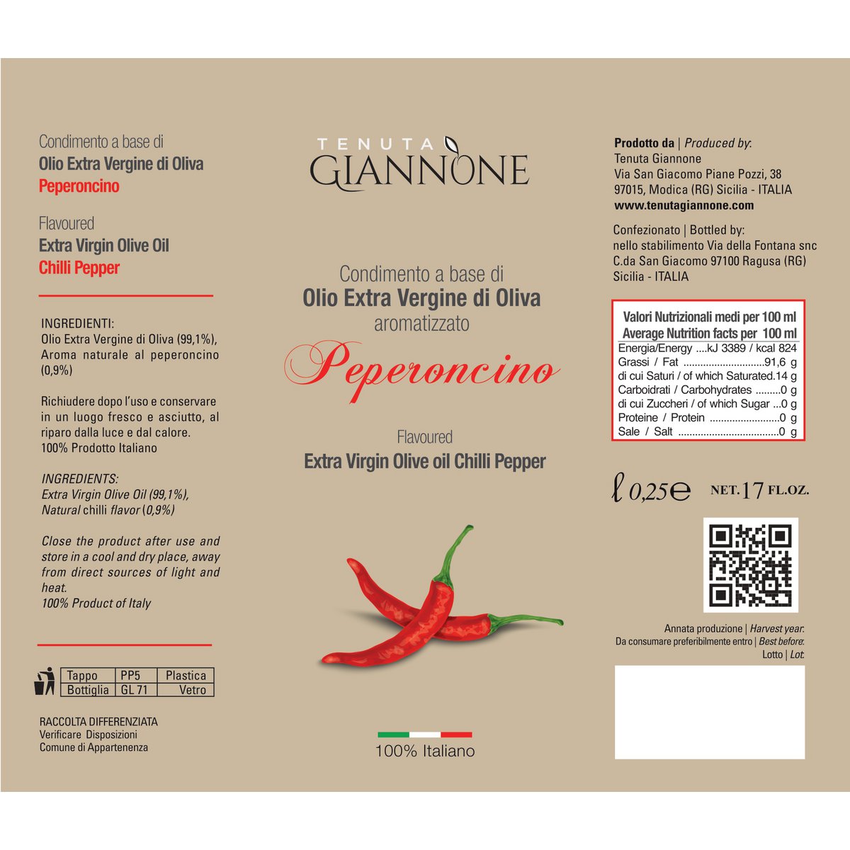 ITALIA | SICILIA | FLAVOURED Extra Virgin Olive Oil | CHILLY PEPPER | 250 ml