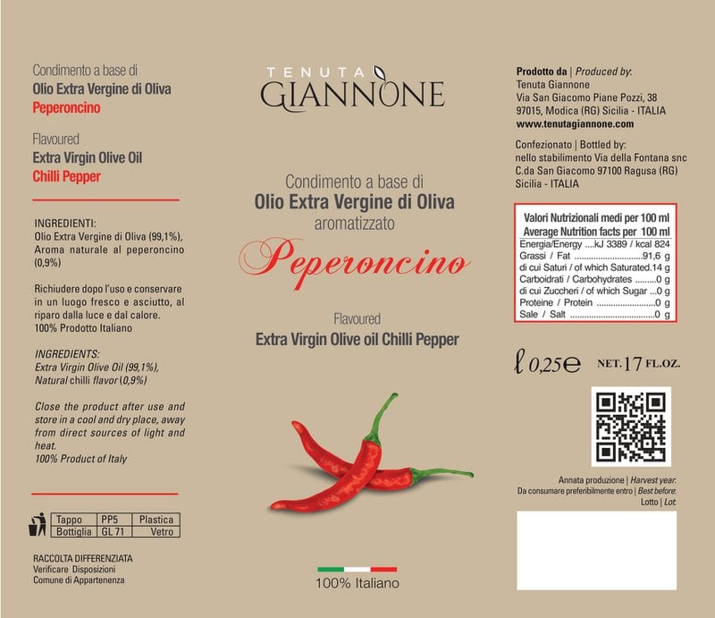 ITALIA | SICILIA | FLAVOURED Extra Virgin Olive Oil | CHILLY PEPPER | 250 ml