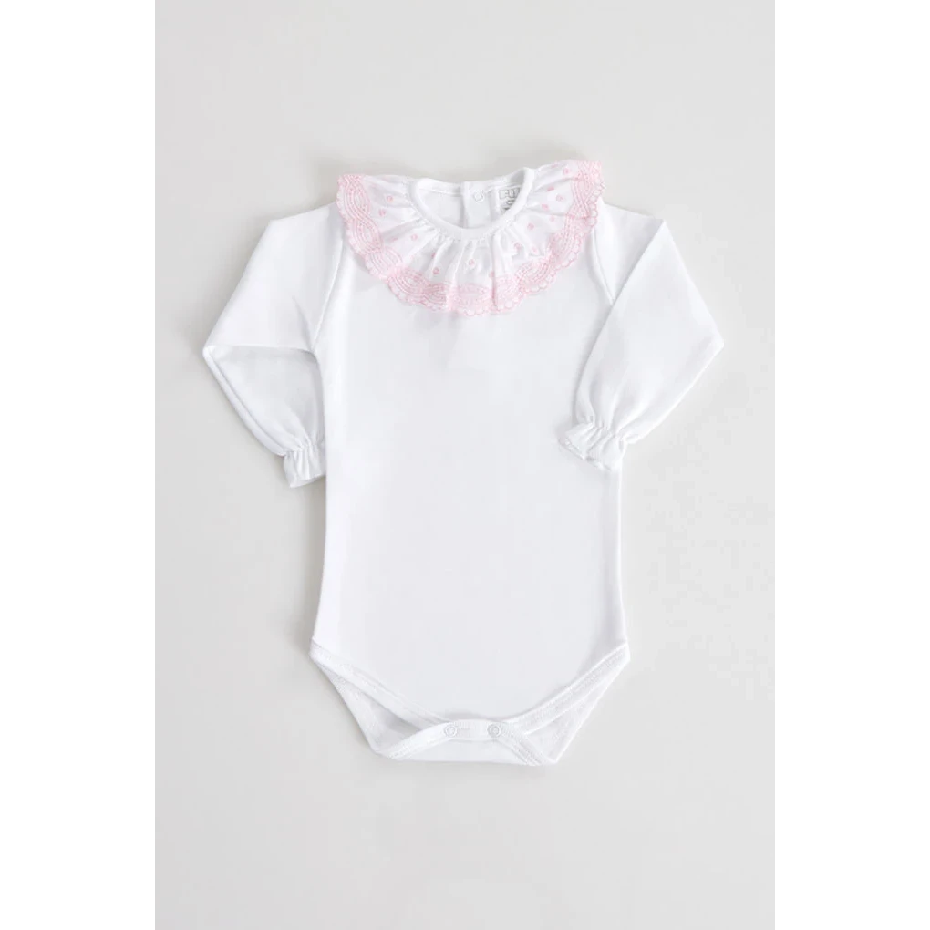 Babybroderet bodysuit med flæsekrave, korte ærmer