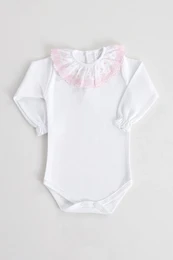 Babybroderet bodysuit med flæsekrave, korte ærmer