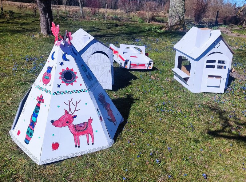 Pap playhouse til børn, teepee -telt, DIY, til konstruktion og farvelægning, 3+