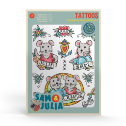 Colorful temporary tattoos featuring cartoon mice characters, floral designs, and text. Suitable for children's fashion or accessories.