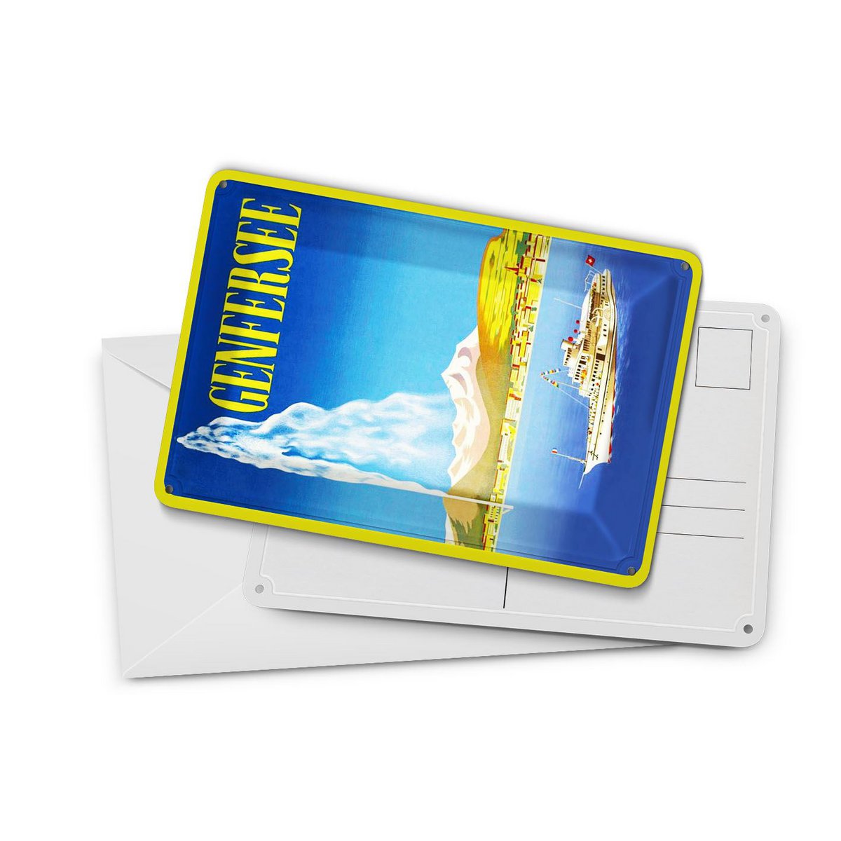 Cartolina in latta da viaggio 10x14 cm Targa decorativa per nave da crociera sul lago di Ginevra