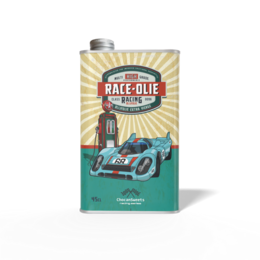 Vintage racing car design, turquoise and cream colored tin, retro automotive themed olive oil bottle.