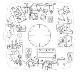  Colorful, round table with various children's toys and accessories, including blocks, stuffed animals, and art supplies. Suitable for a kids' play area or classroom.