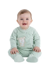 Soft velour baby set, mint green, long sleeves, bunny design, two-piece outfit, newborn.