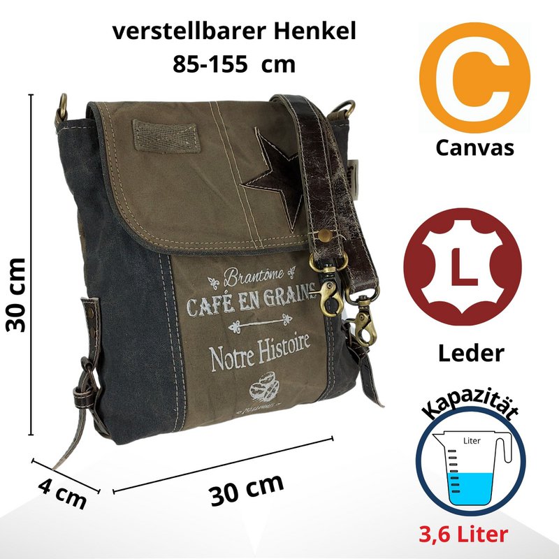Sunsa dames schoudertas. Handtas gemaakt van canvas en leer. Schoudertas in vintagestijl. Grote crossbodytas voor dames.