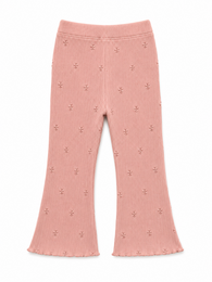 # Product Description

Pink flared pants with all-over flower embroidery, ribbed waistband, ruffled hem, baby girl clothing.