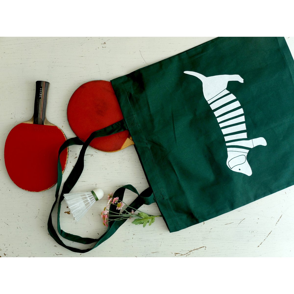 handbedruckte Stofftasche mit Dackelmotiv navy