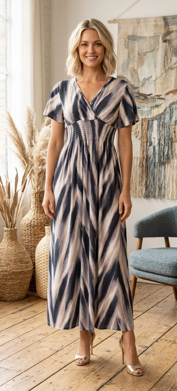 Flowy Maxikjole med Ikat-mønster – Fuchsia og guld - 610-4