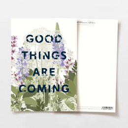 Postkarte 'good things are coming' mit lila Wildblumen