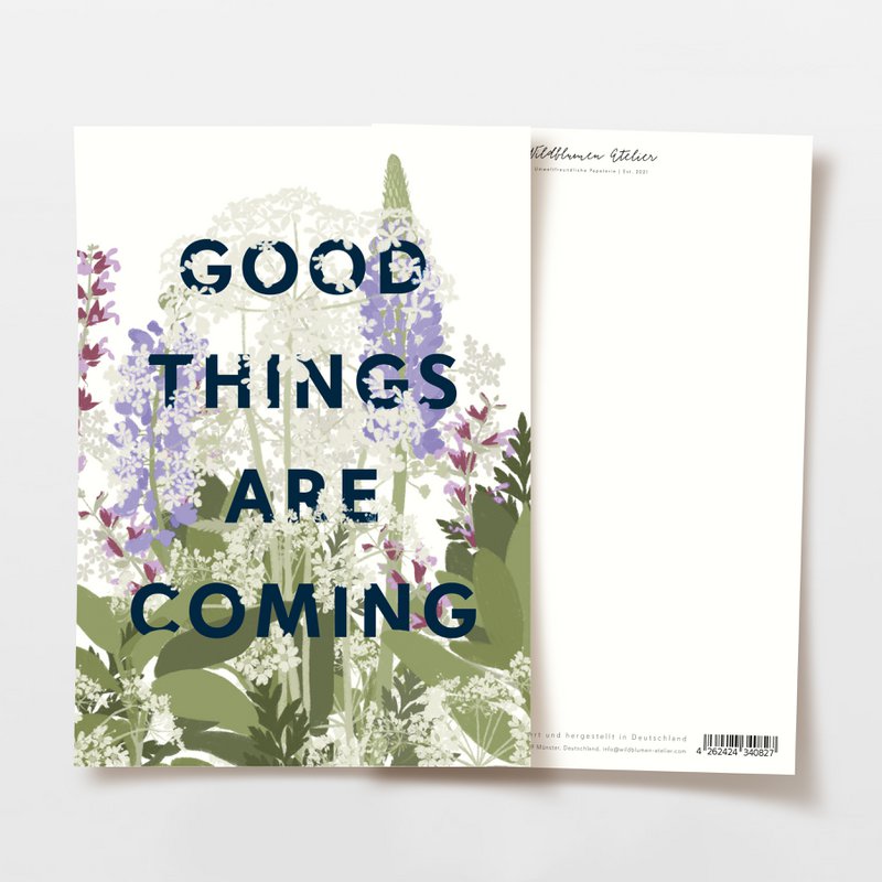Postkarte 'good things are coming' mit lila Wildblumen