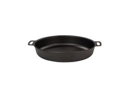 Black carbon steel dual handle frying pan, 28cm diameter, round shallow cooking vessel