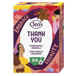 Cleo's Thank You tea, a blend of star anise and licorice, in a vibrant red and yellow box.