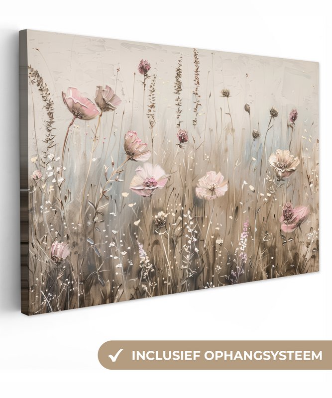 Lærredsmaleri - vægdekoration - blomster - lyserød - moderne - beige