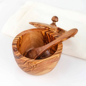 Olive Wood Salt Cellar with Spoon – Handmade