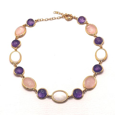 La Vie en Rose Halskette - Rosenquarz Perlmutt + Amethystkreise