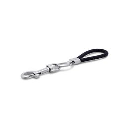  Steel and black leather keychain with a carabiner clip for attaching to bags or belts.