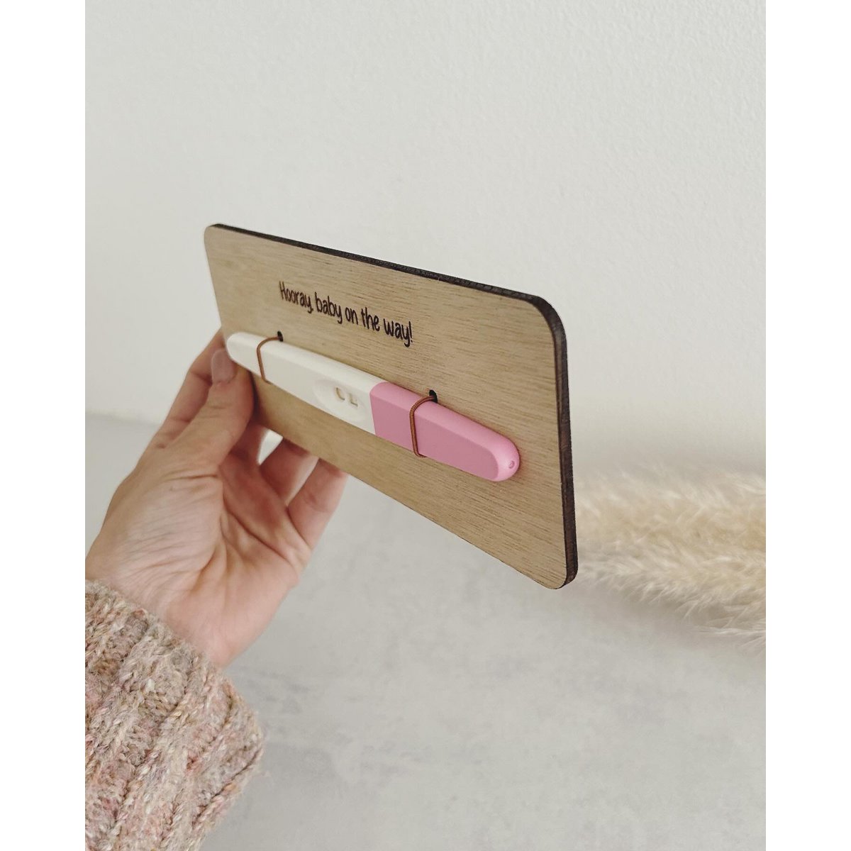 Wooden pregnancy announcement sign · Hooray, baby on the way!