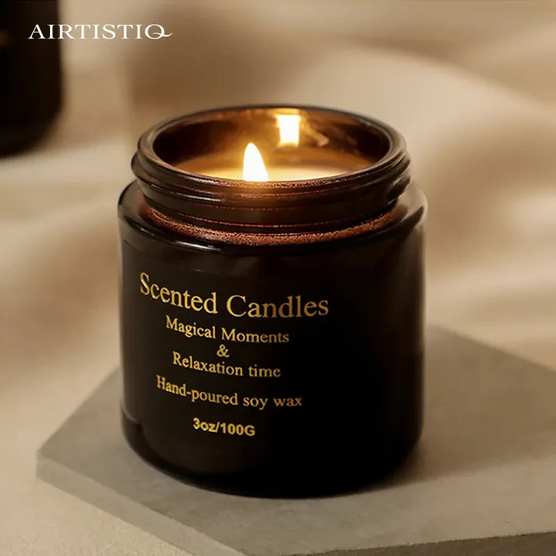 Vela perfumada de cera de soja marrón ámbar de vidrio Vela de aromaterapia hecha a mano con tapas 100 gramos