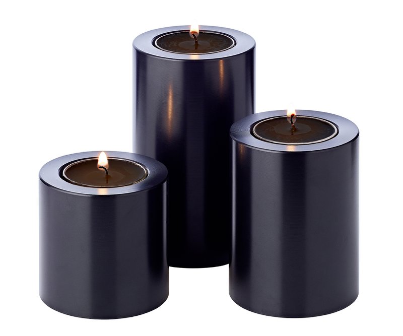 Set of 3 permanent candles Cornelius (Ø 6cm, heights 6/8/10 cm) black, tealight holder heat-resistant 90°