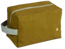  A rectangular toiletry bag made of a mustard-colored material, with a zipper closure and a gray strap.