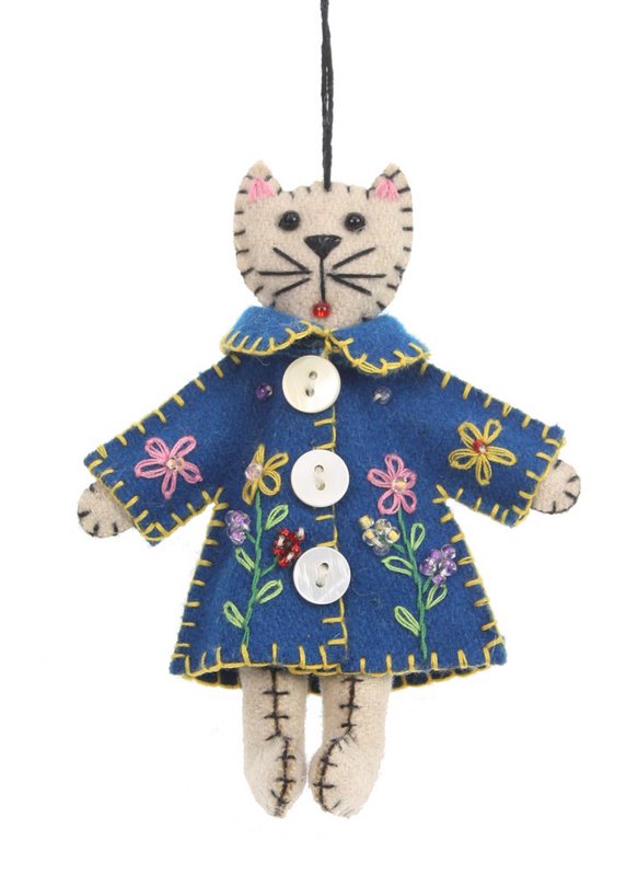 Chat avec veste bleu/fleurs, feutre