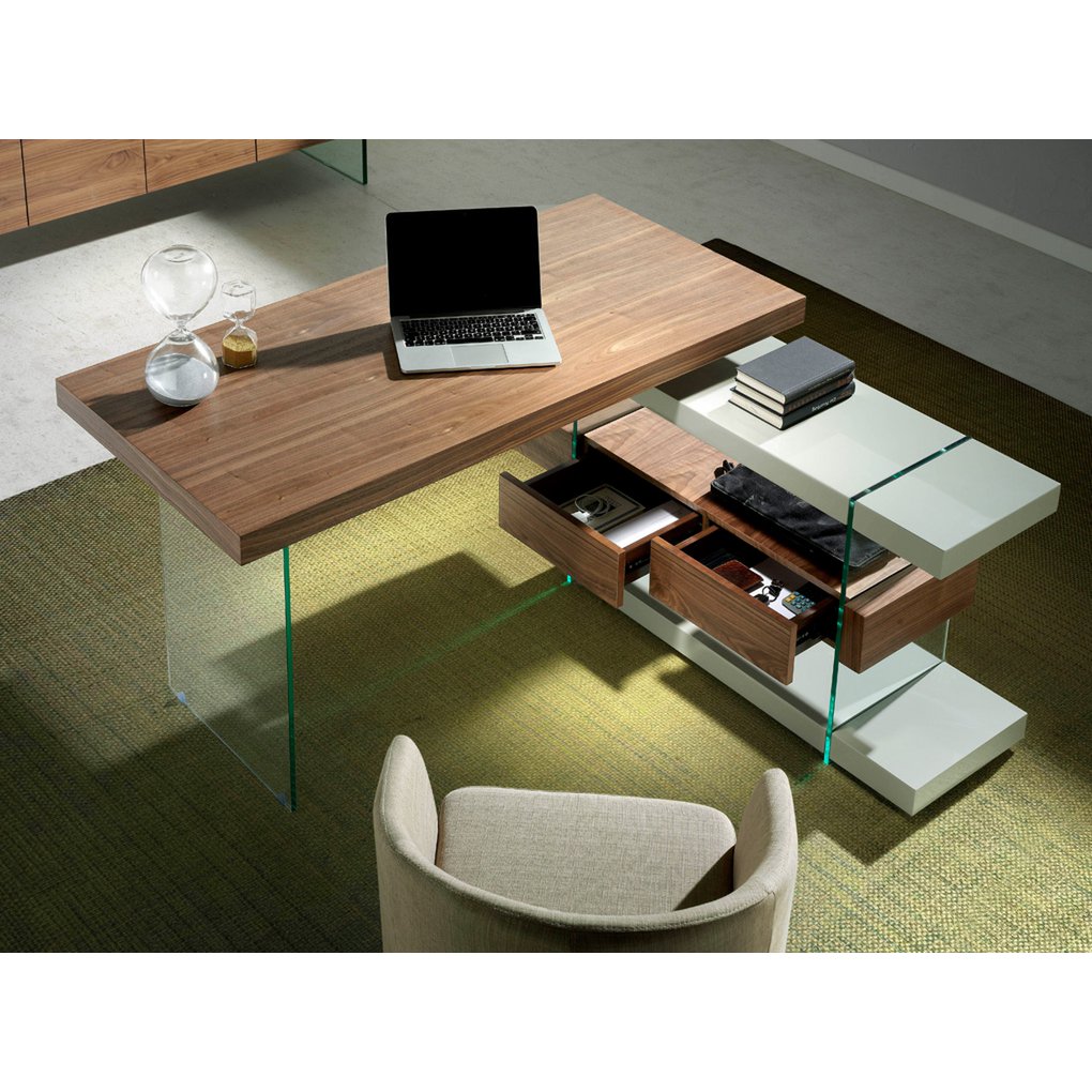 Walnut wood desk and tempered glass