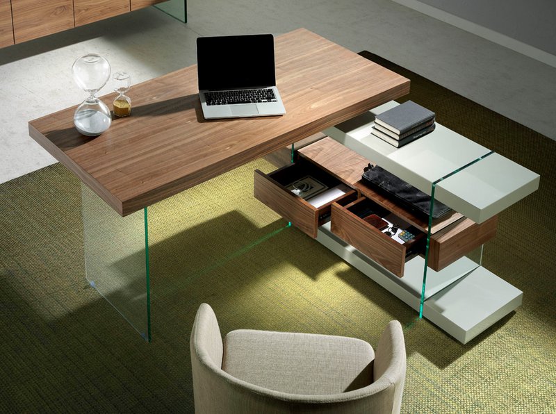Walnut wood desk and tempered glass