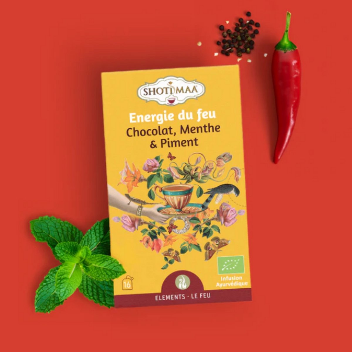 Premium-Zutaten für Bio-Kräutertee – Wohlfühlaufgüsse Feuerenergie für Ausgeglichenheit und Vitalität – Schokolade, Minze und Chili