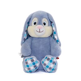 Soft, plush blue bunny stuffed animal with polka dot pattern and no zipper. Ideal for children's playtime and cuddles.
