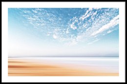 Horizon By The Sea - Poster featuring a serene landscape with a blue sky, wispy clouds, and a sandy beach. Available in various sizes and formats including poster, canvas, and plexiglass.