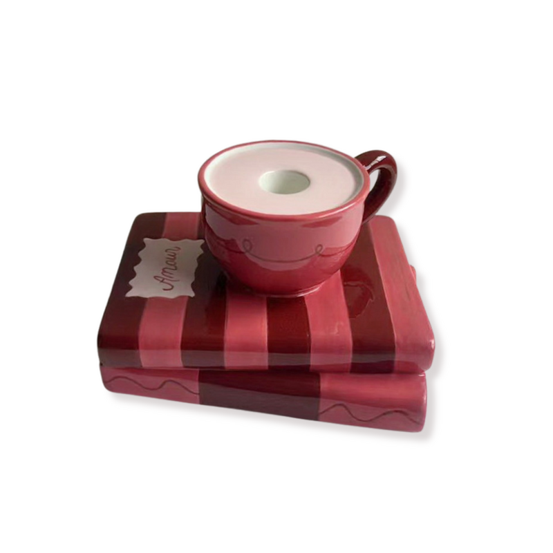 Candle Holder - Cup on books - Red/Pink - 16,5x13,5x9,5cm