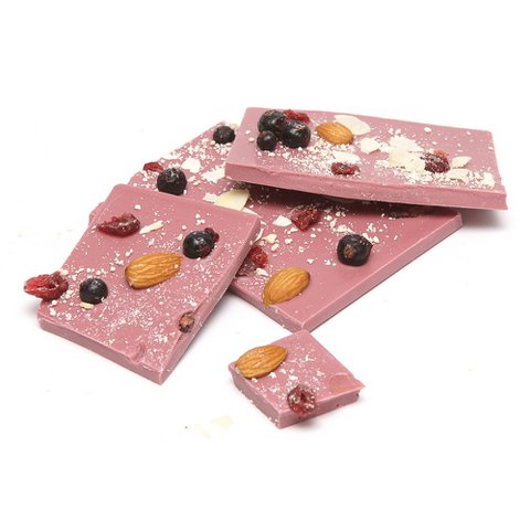 Broken chocolate bars (ruby 47.3% with cranberries, cassis and almonds) 200 Grs