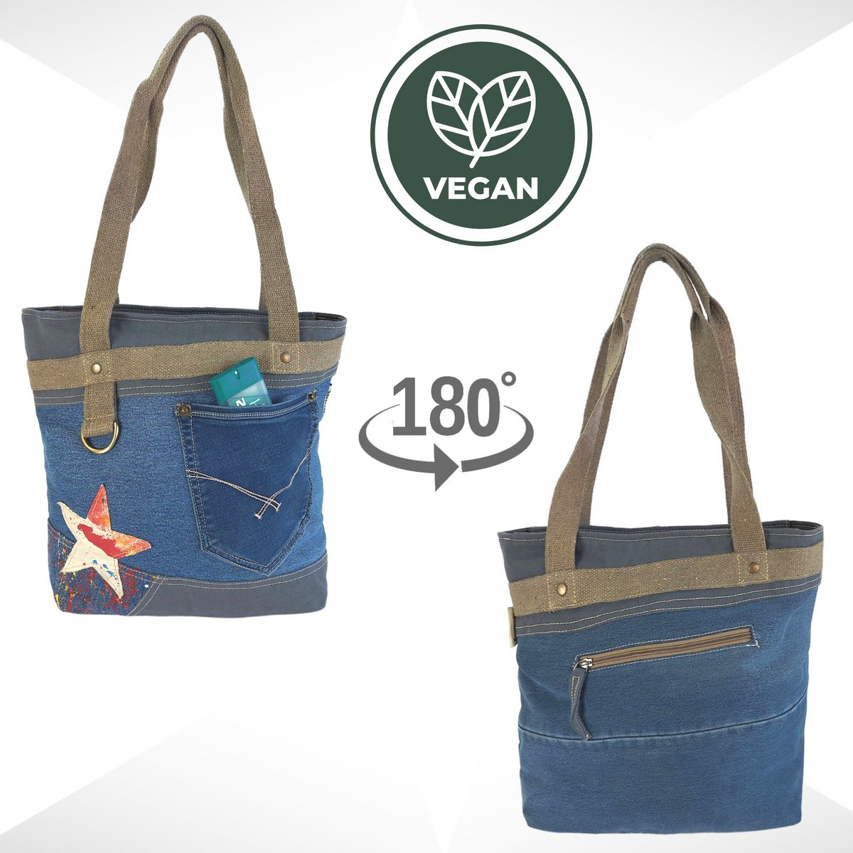 Sunsa dameshandtas. Shopper in vintage retrostijl. Schoudertas gemaakt van upcycled jeans. Grote veganistische tas