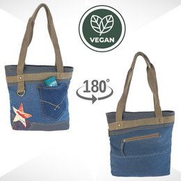 Sunsa dameshandtas. Shopper in vintage retrostijl. Schoudertas gemaakt van upcycled jeans. Grote veganistische tas