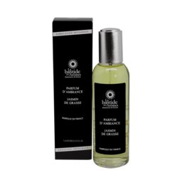 Grasse jasmine-scented room spray in a sleek glass bottle with a modern design.