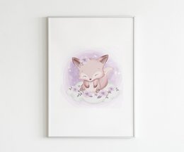 Watercolor poster featuring a cute pink fox in a floral wreath. Suitable for a child's room or nursery decor.