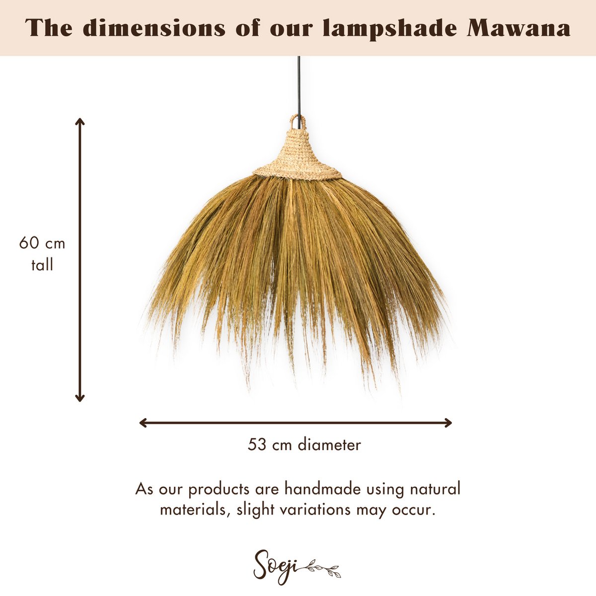 Pantalla Grande de Hierba Marina – Lámpara Colgante Natural con Flecos – Lámpara Colgante Boho – Lámpara Colgante Tropical Hecha a Mano MAWANA (Ø 53 cm)