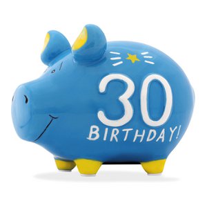 Piggy Bank Company Piggy Bank "30 Birthday!" made of ceramic, blue/white/yellow (W/H/D) 12.5x9x9cm small pig