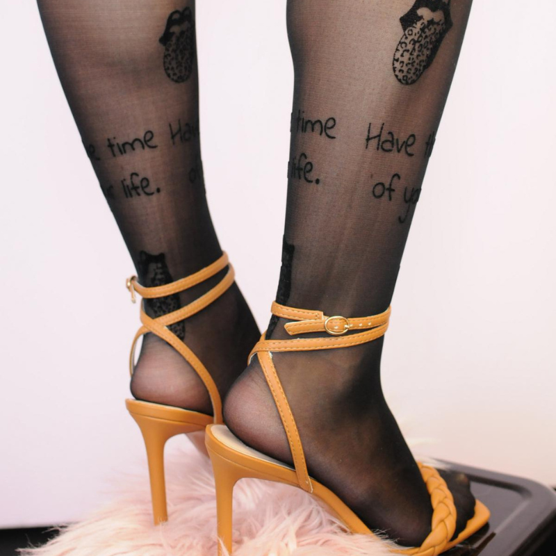 1 par %23StatementTights TEN EL TIEMPO DE TU VIDA Medias negras "Message on Tights" con lengüeta en estampado de leopardo 40 DEN